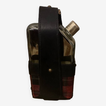 Jacques adnet black leather and tartan fabric whiskey flask