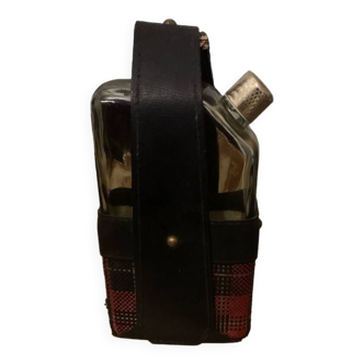 black leather and tartan fabric whisky flask