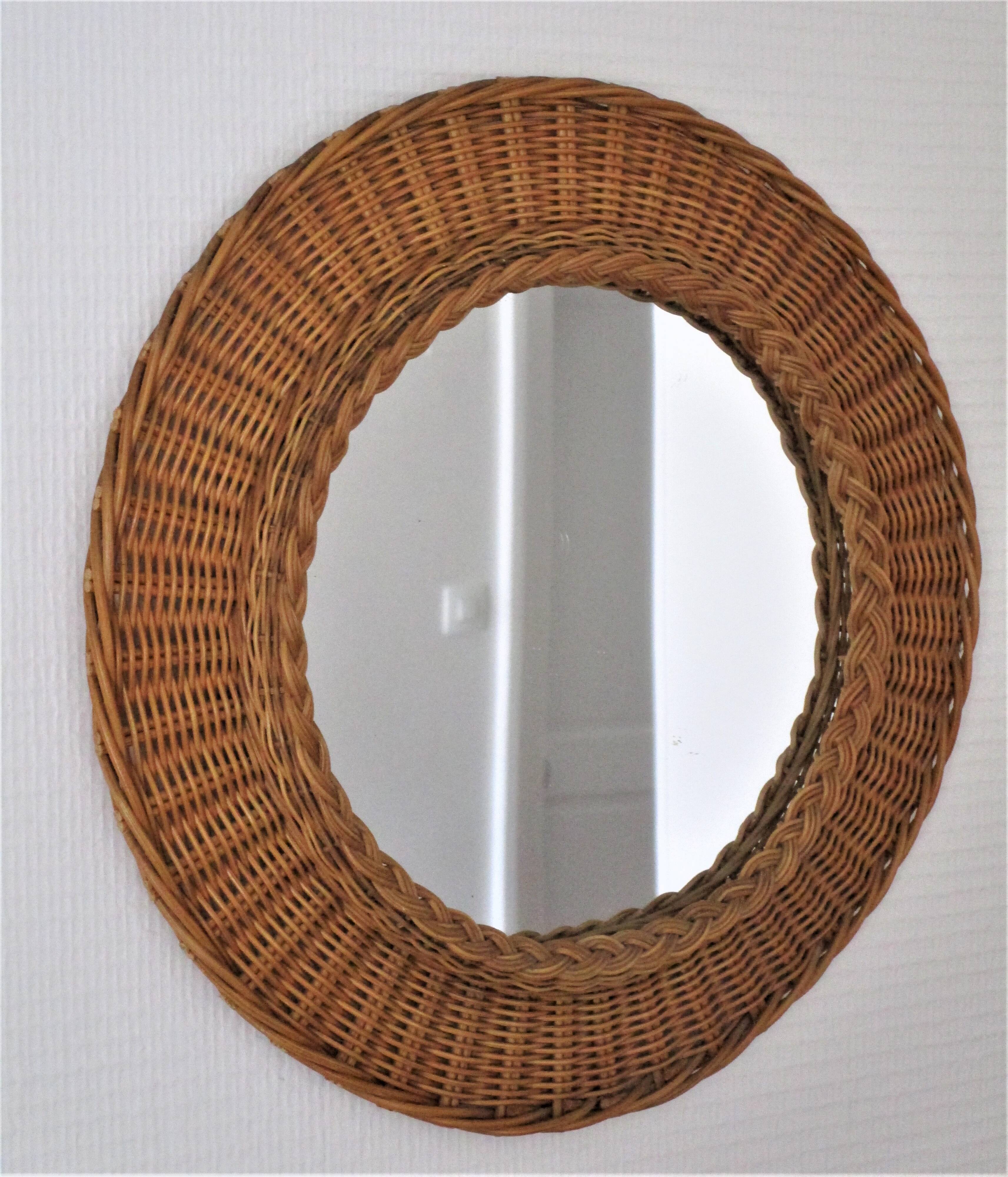 Vintage woven rattan marrow round mirror 1960