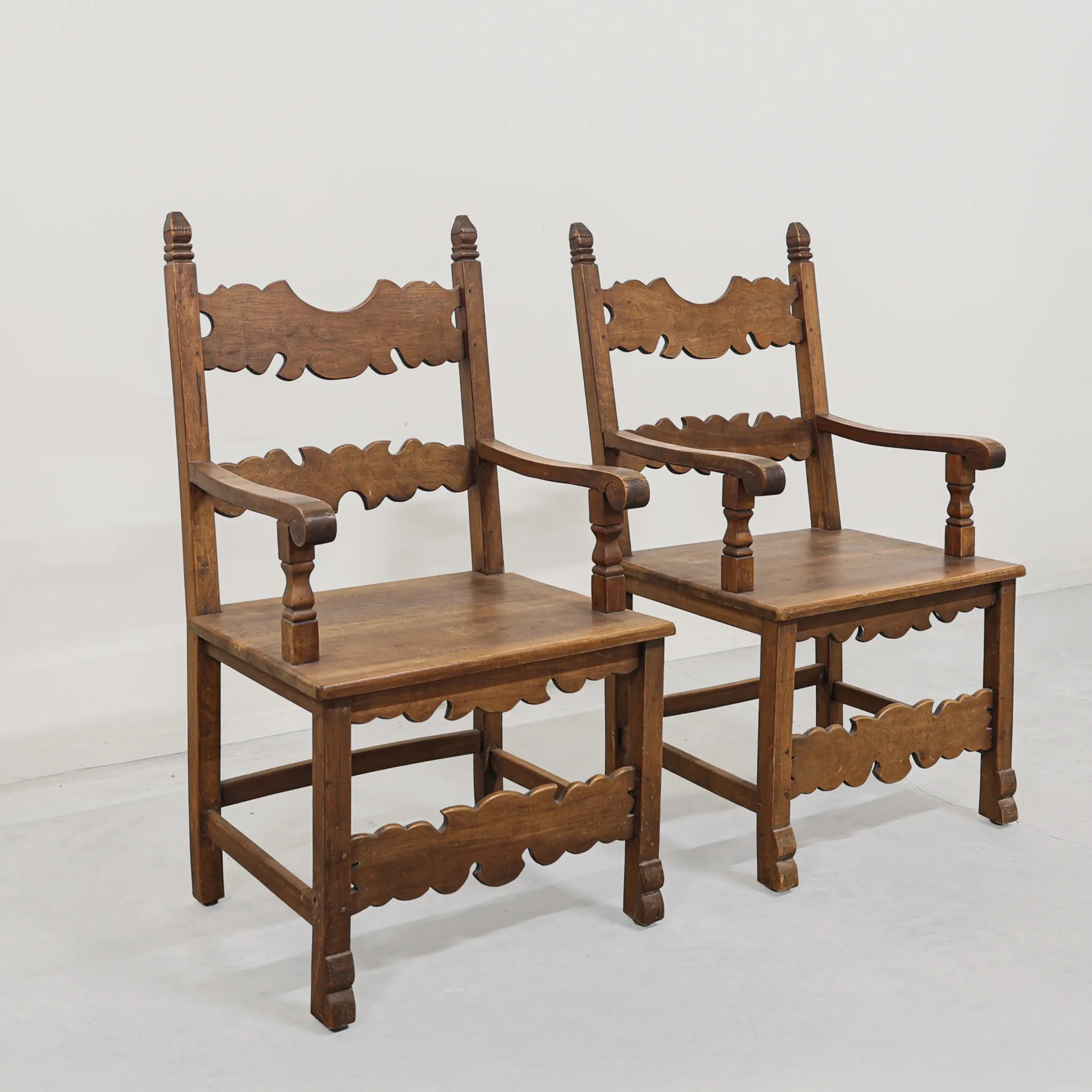 Pair of Italian Carved Wooden Armchairs, Lombardy, 1900s.