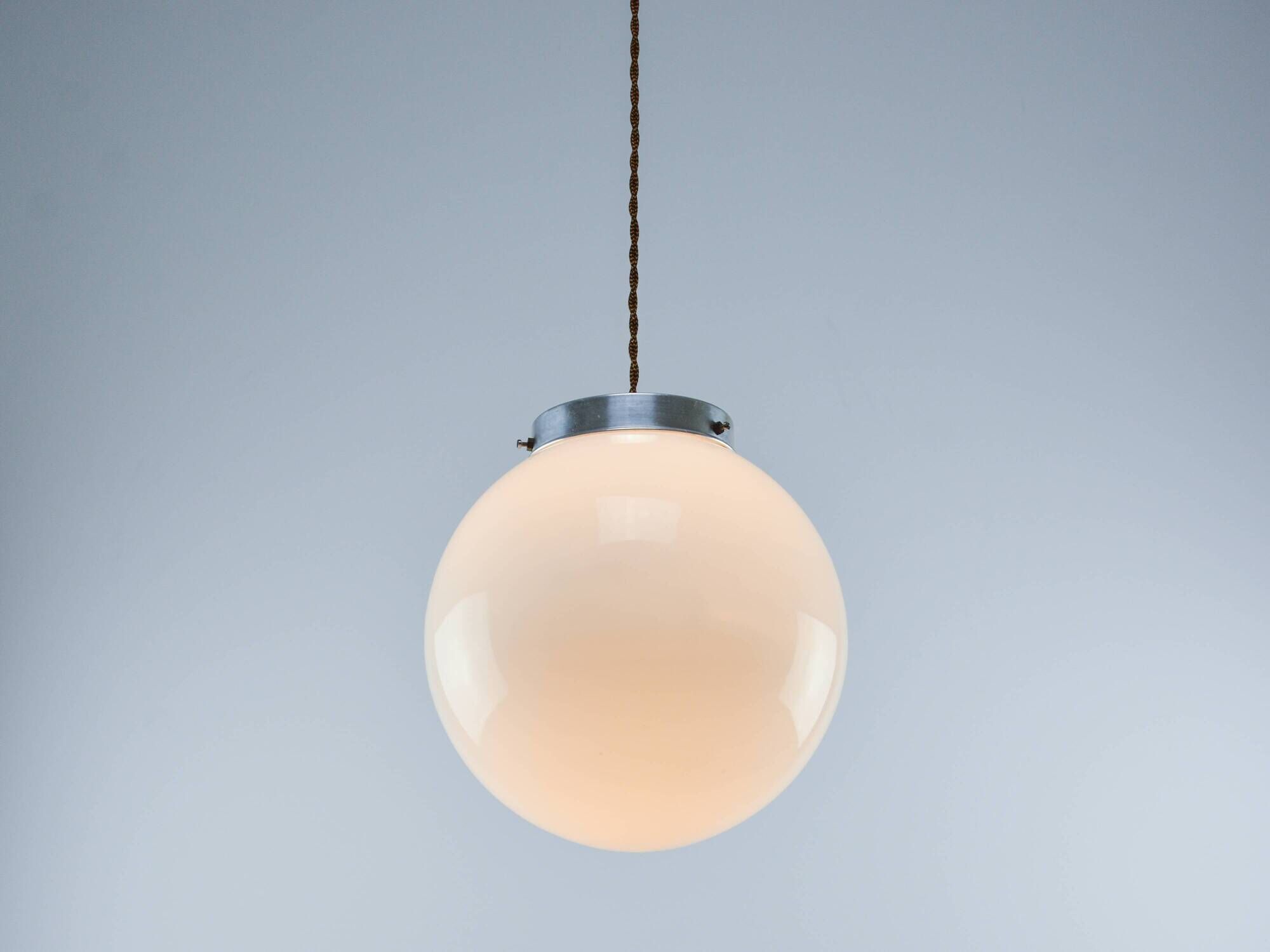 Mid-Century Opaline & Metal Sphere Pendant Lamp