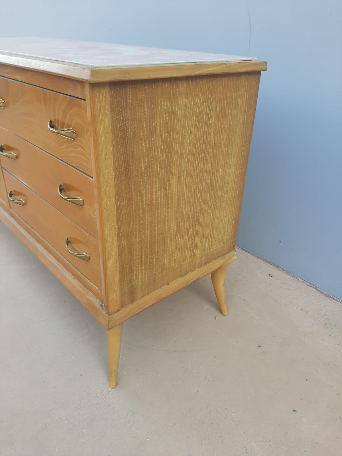 Vintage chest of drawers over glass decorated light oak 60's