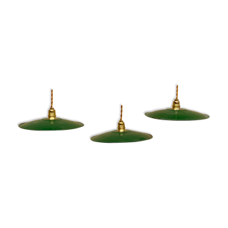 Trio suspension tôle émaillée vintage verte et blanche fils doré douille laiton