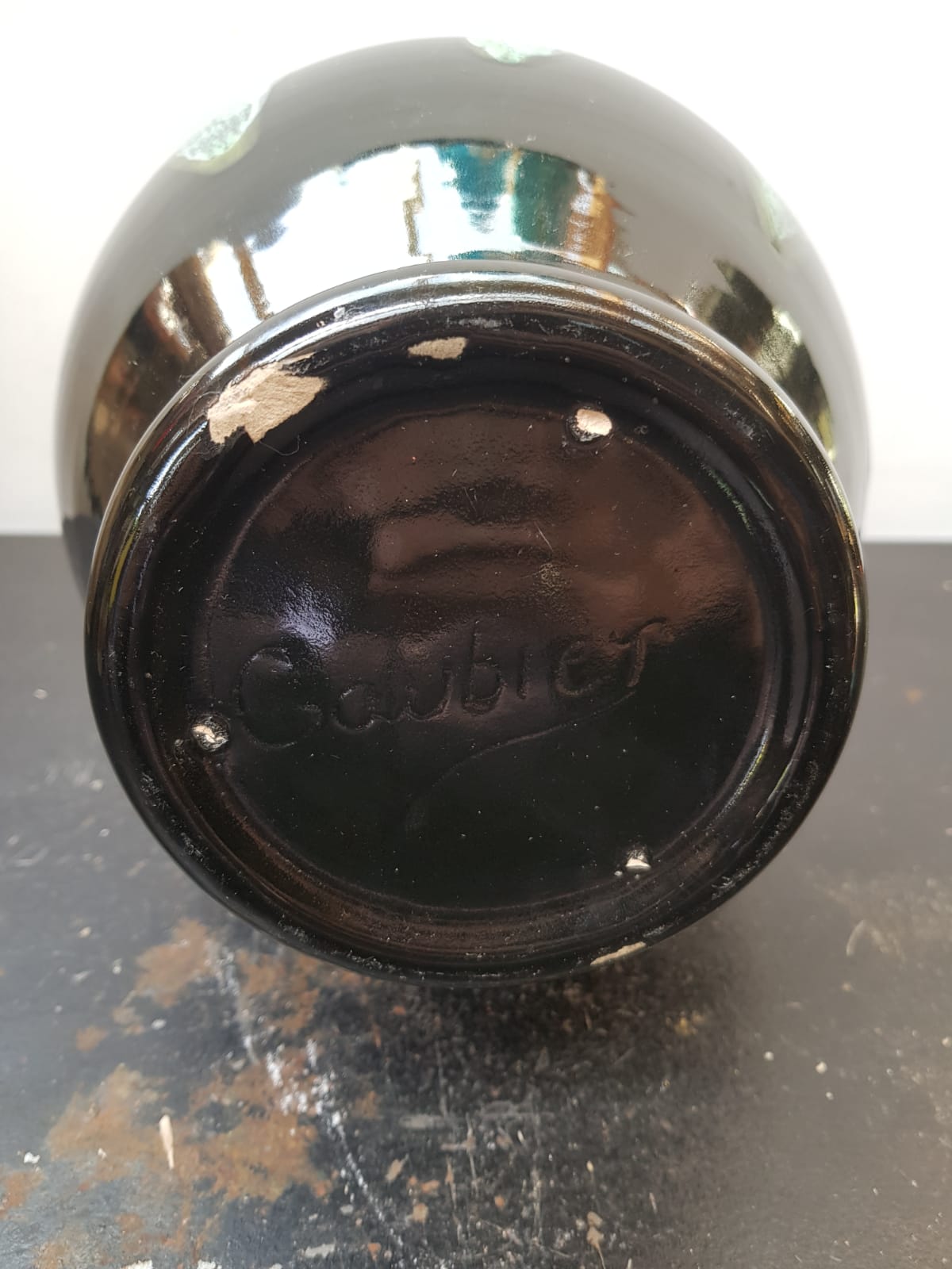 Old black enamelled ceramic Gaubier vase with green white vintage drips