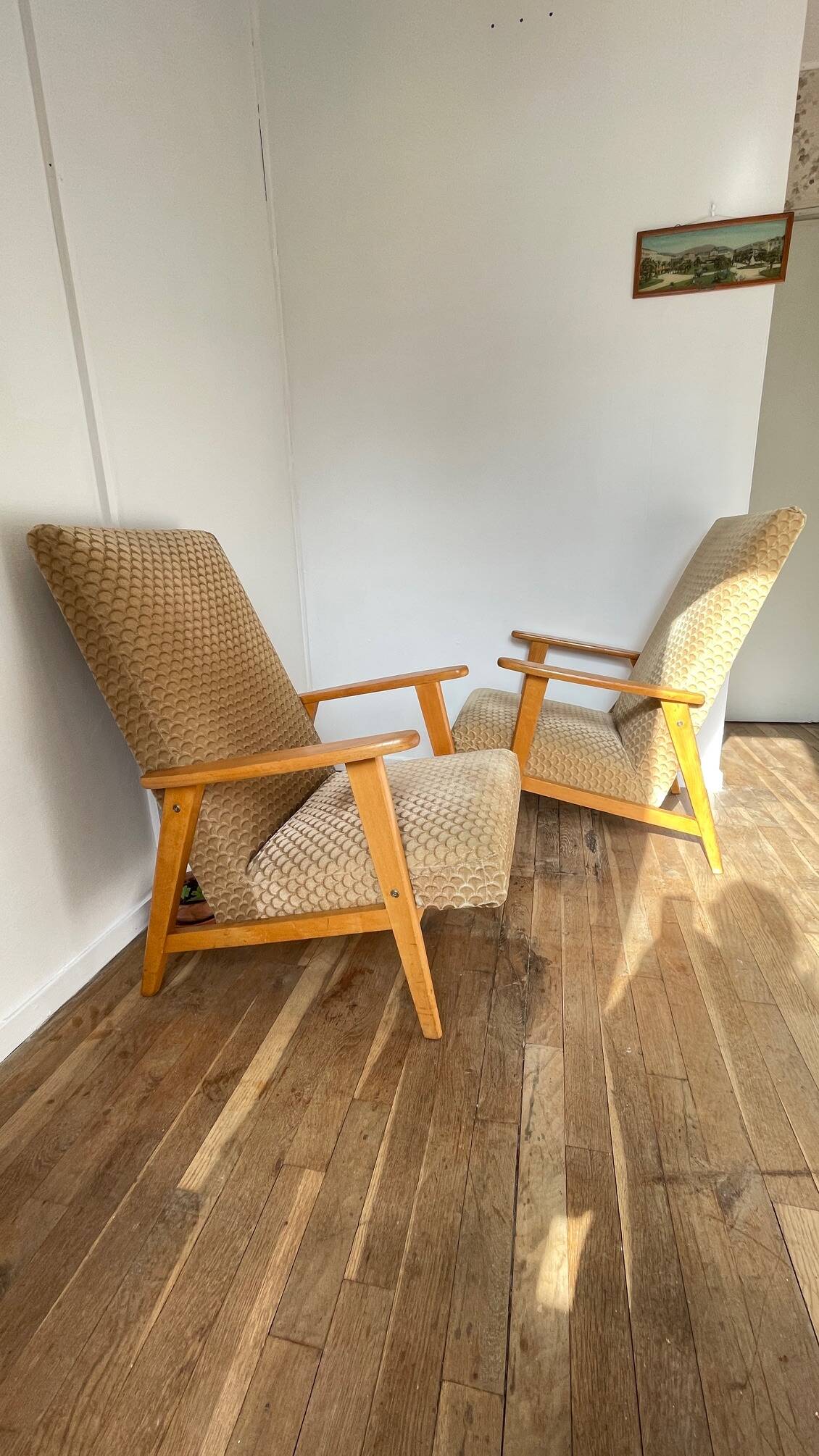 Pair of Manucere armchairs with vintage compass legs