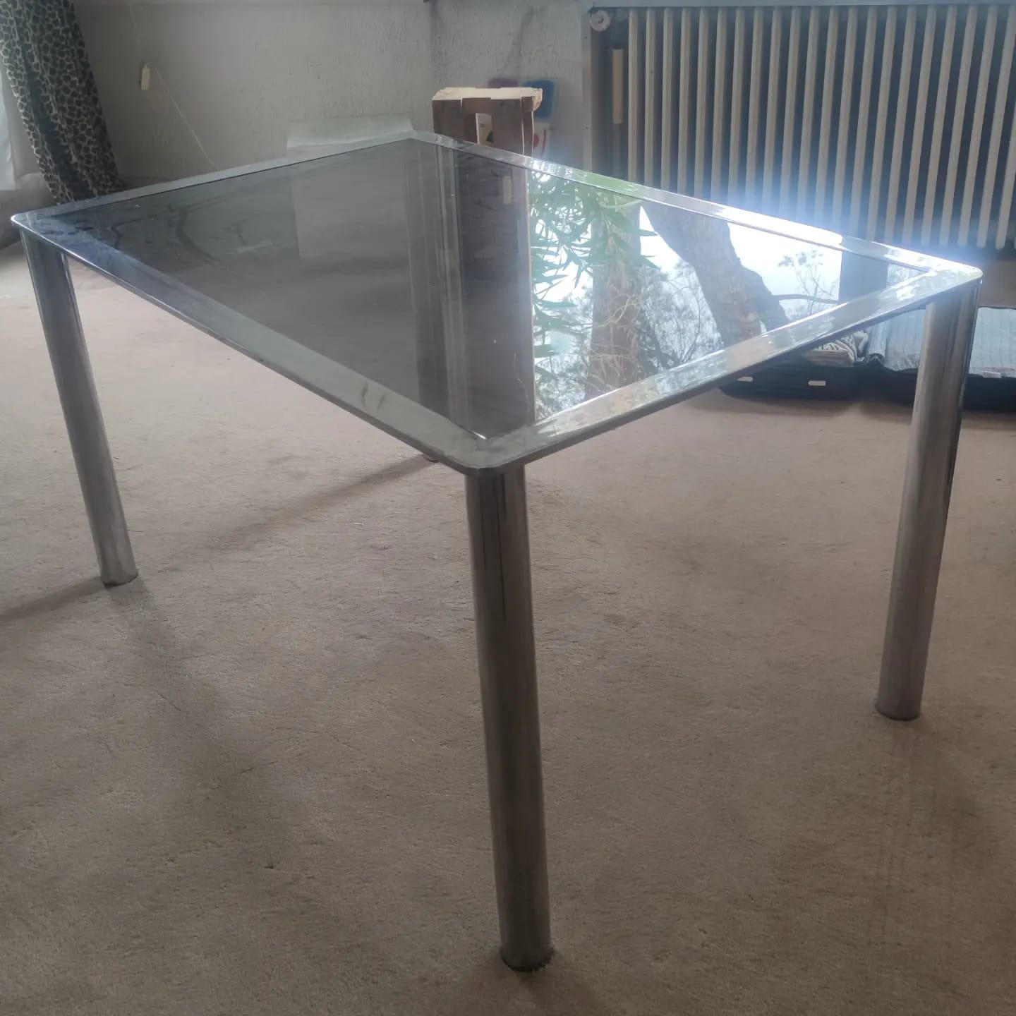 Dining table in chromed steel and smoked glass top, 1969