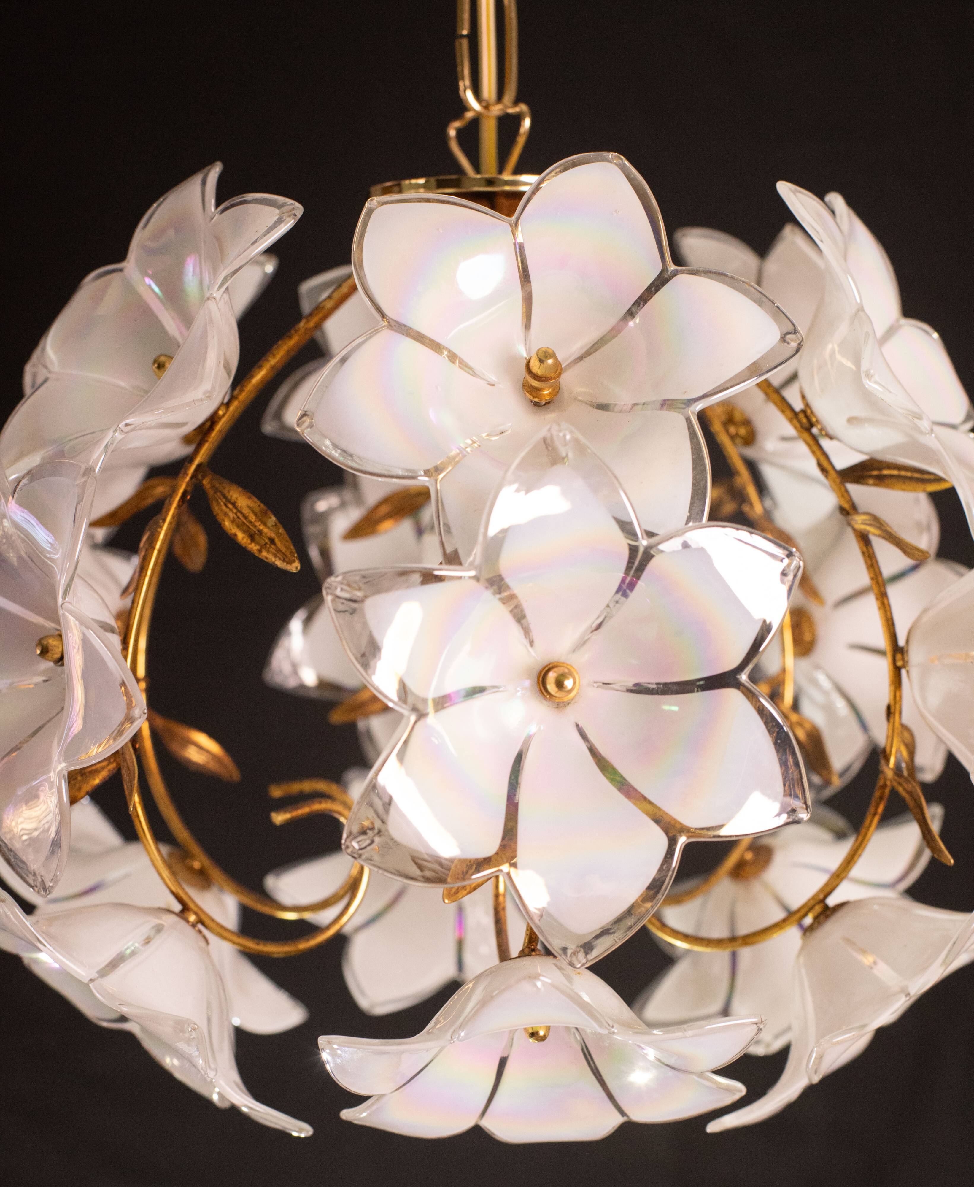 Set of 2 Murano Spherical Chandelier Full of White Flowers, 1980s
