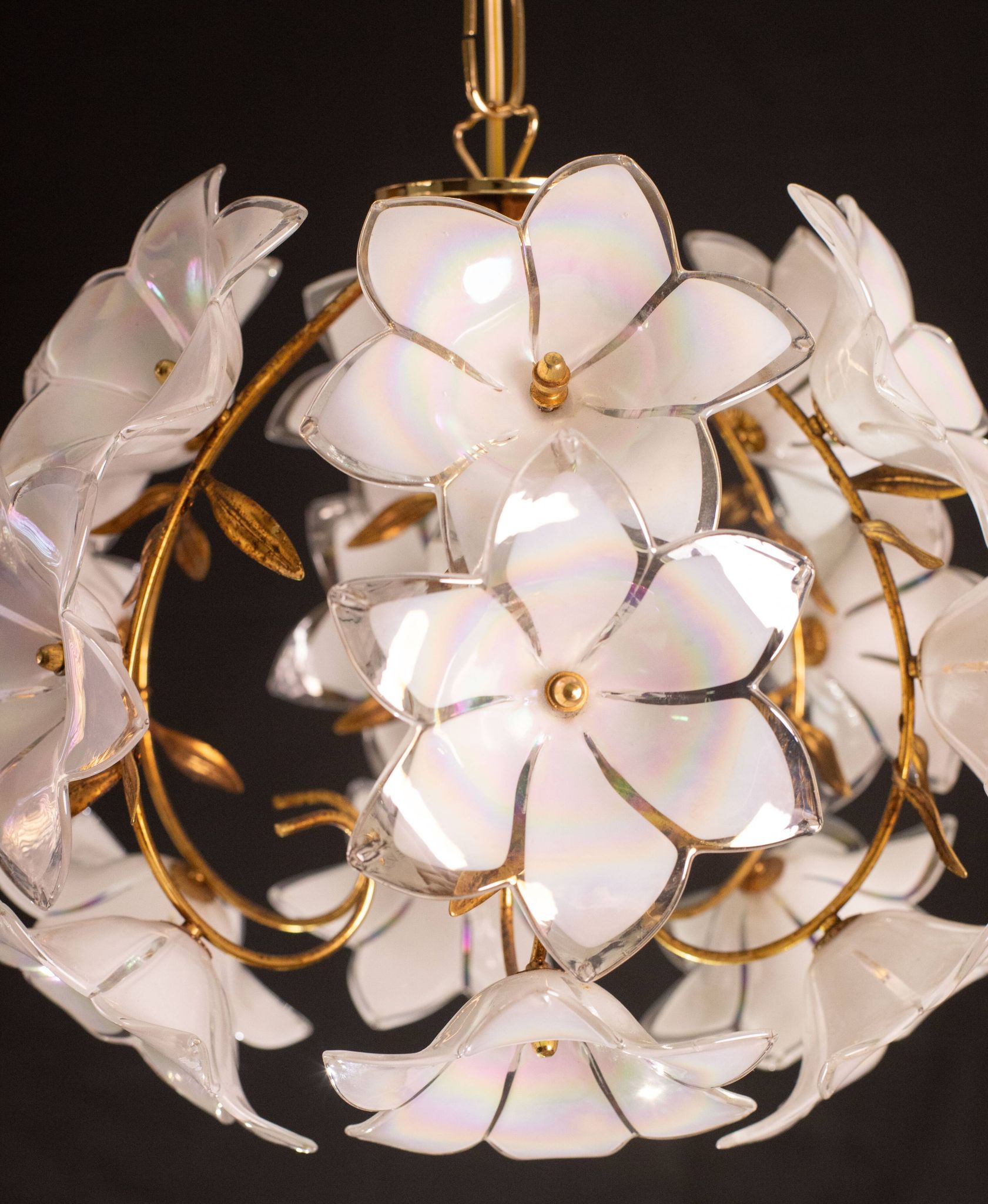 Set of 2 Murano Spherical Chandelier Full of White Flowers, 1980s