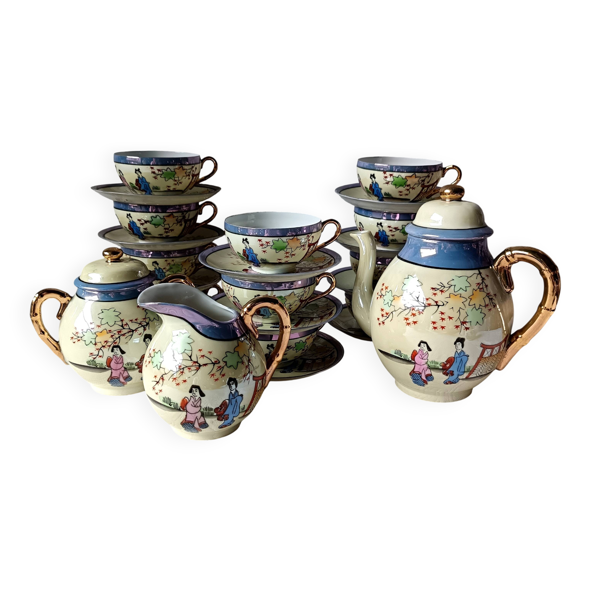 Service à thé en porcelaine fine japonaise vintage motif paysage