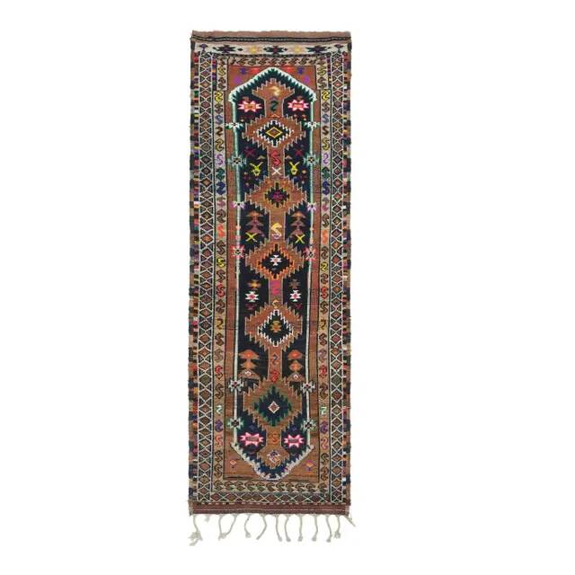 1970s Vintage Turkish Oushak Handmade Wool Cotton Brown Runner Rug 96x301