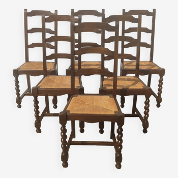 Set of 6 vintage chairs in wood and straw