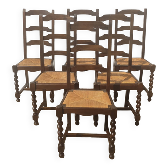 Set of 6 vintage chairs in wood and straw