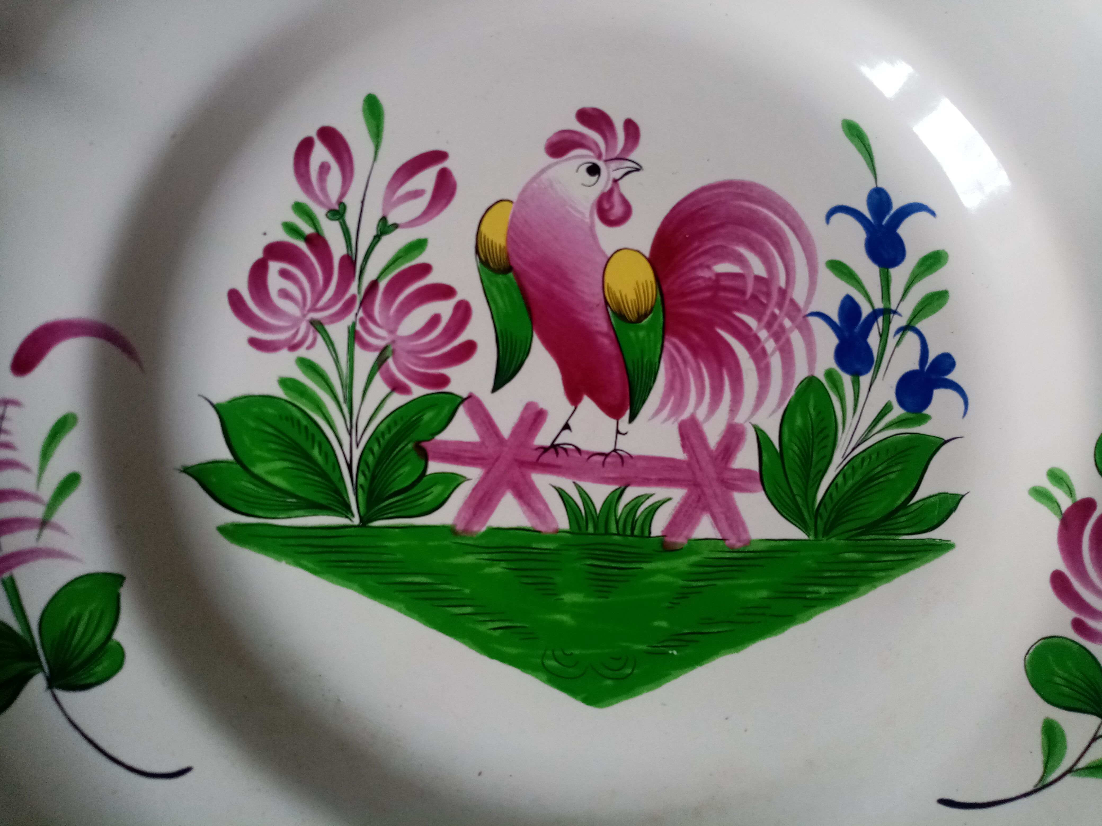Hand-painted plate decorated with saint clement rooster signed