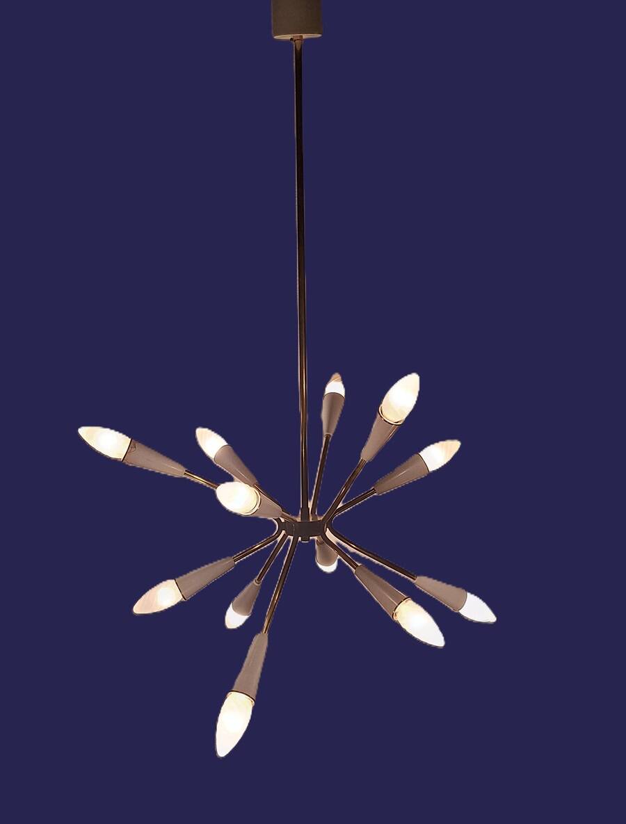 Stilnovo style 12 light Brass and White sputnik Chandelier