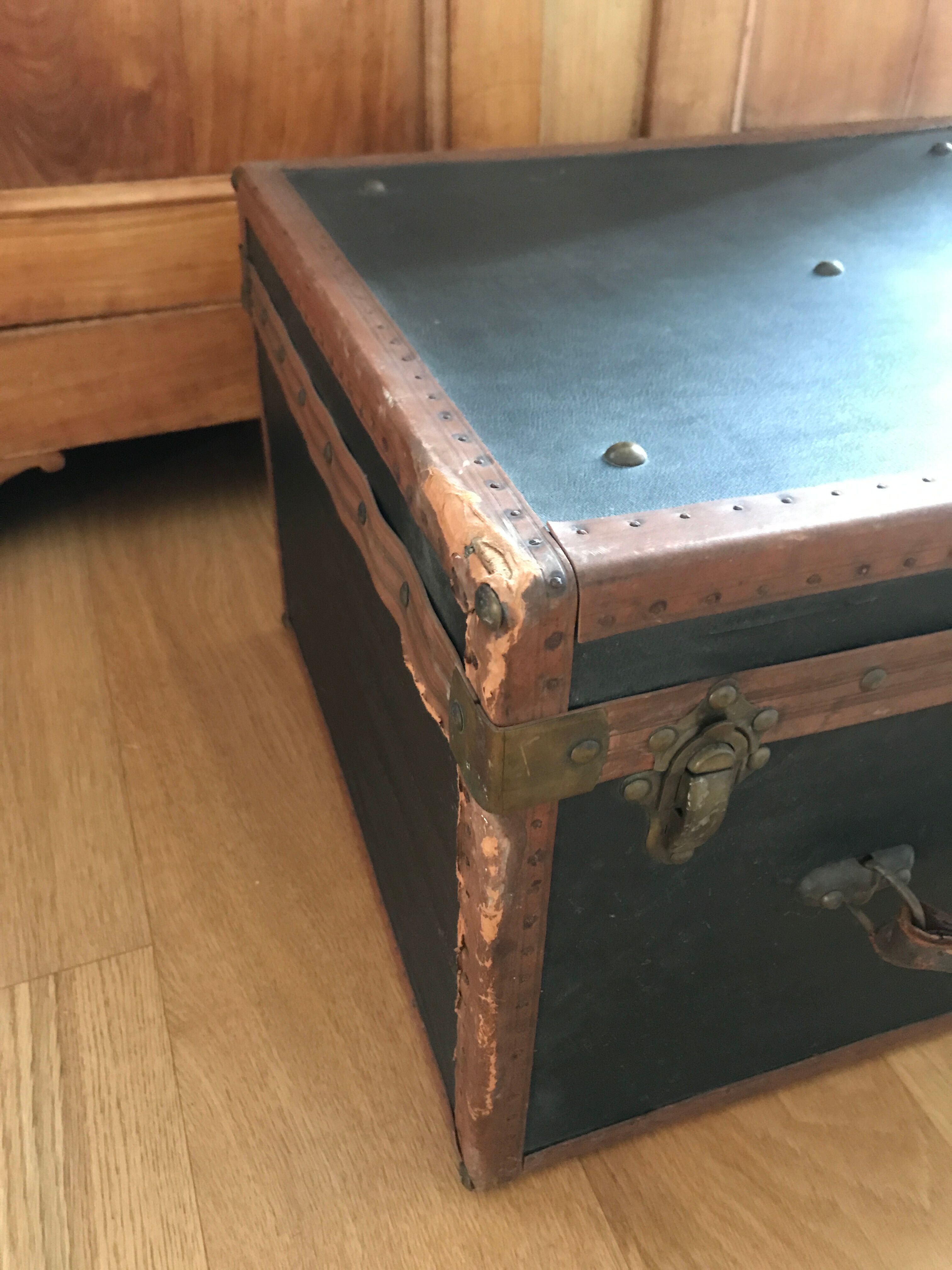 Old square travel trunk J Penet