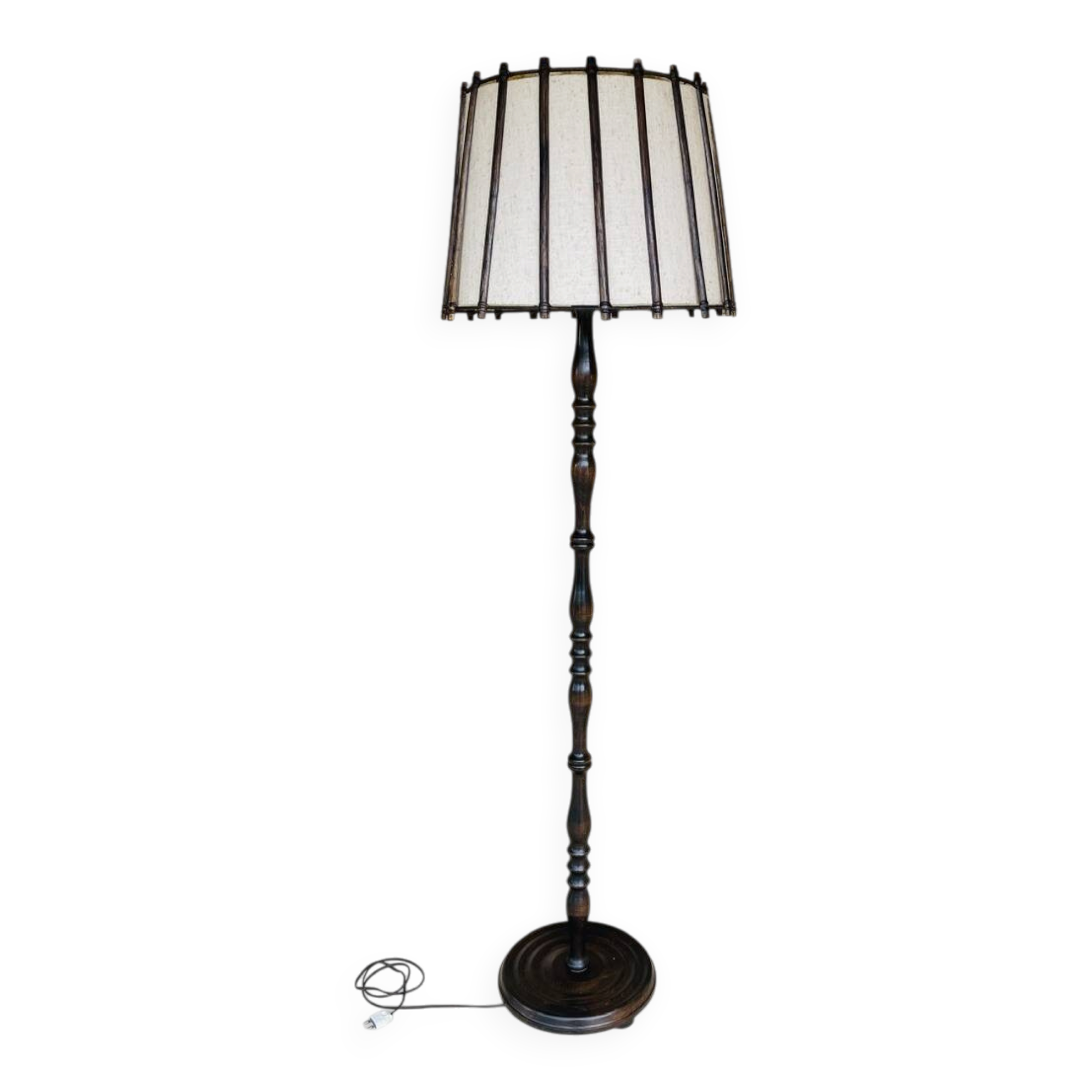 Vintage Floor Lamp Turned Wood, Bamboo Rattan Circa 1950s