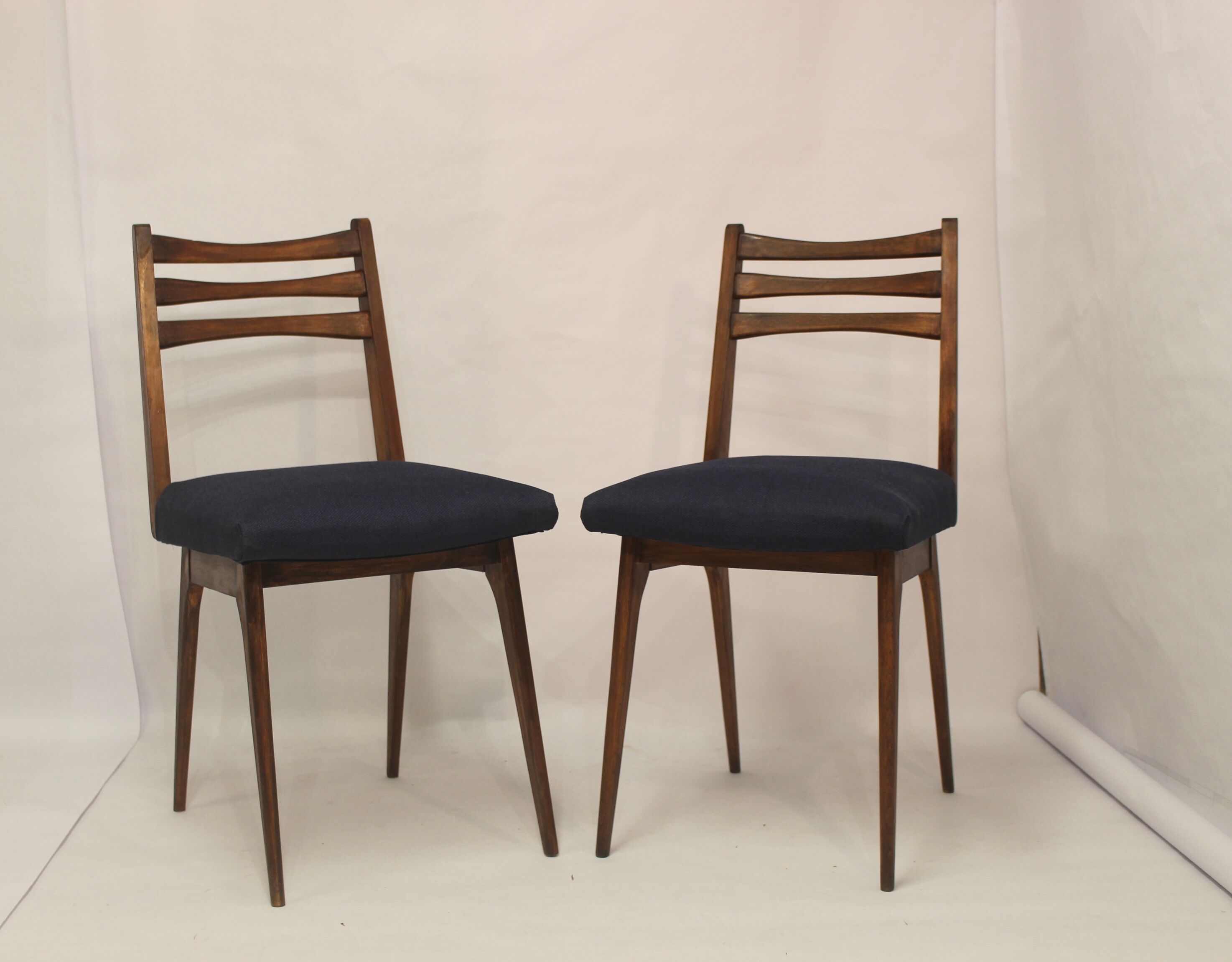 Pair of Scandinavian chairs seated night blue fabric restored, year 60.