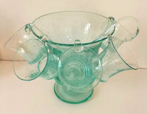 Service en verre soufflé bullé vert d'eau – Coupe sur pied, 5 tasses et louche