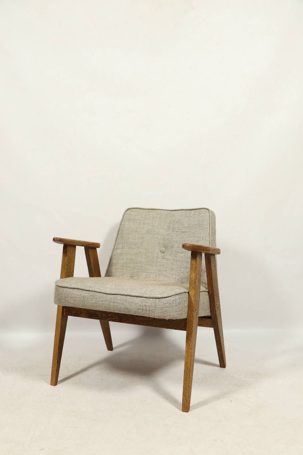 Vintage armchair in natural rustic oak wood herringbone fabric modern design by Chierovsky