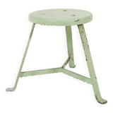 Industrial green painted stool with steel base and wooden top, France 1930s