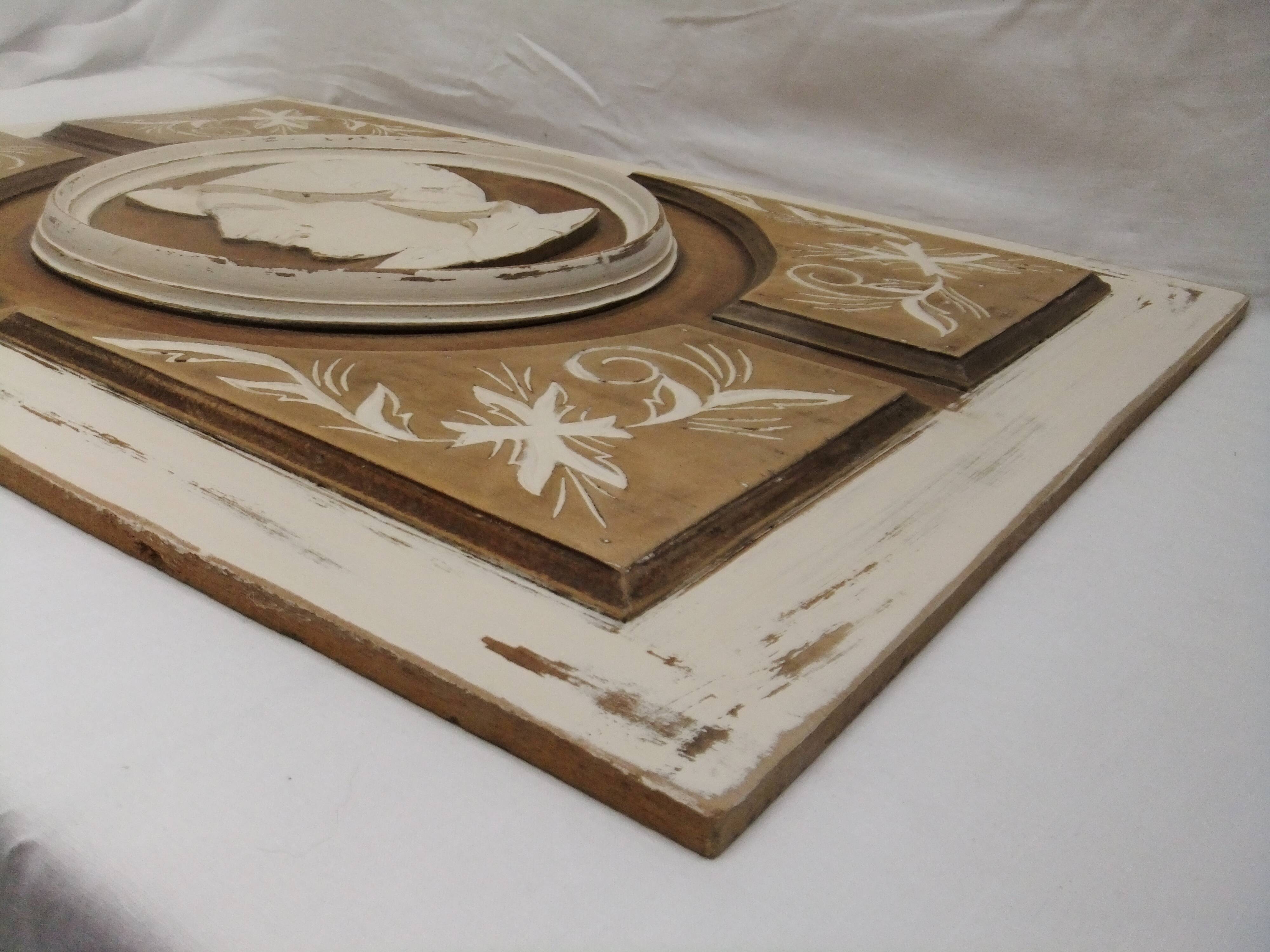 Large bas relief painting medallion woman patina wooden frame ornament