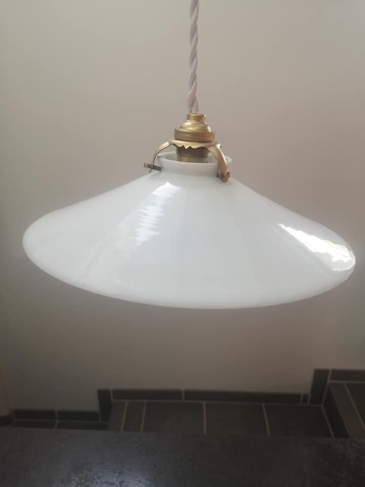 Suspension lamp opaline smooth white spirit walkman Art Deco 1930 TBE Ø 25 cm