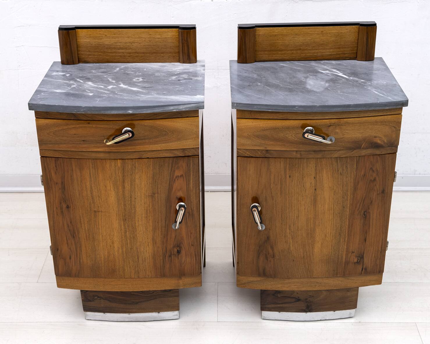 Pair of Art Dèco Italian Walnut and Grafite Gray Marble Bedside Tables,1920
