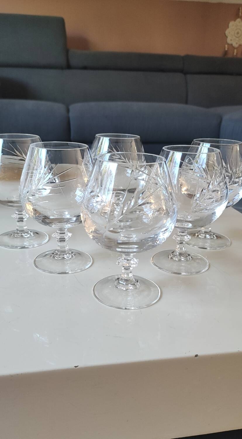 Set of 6 Cognac Glasses. Fleury/Arques Crystal Model. Wheat Ears Design