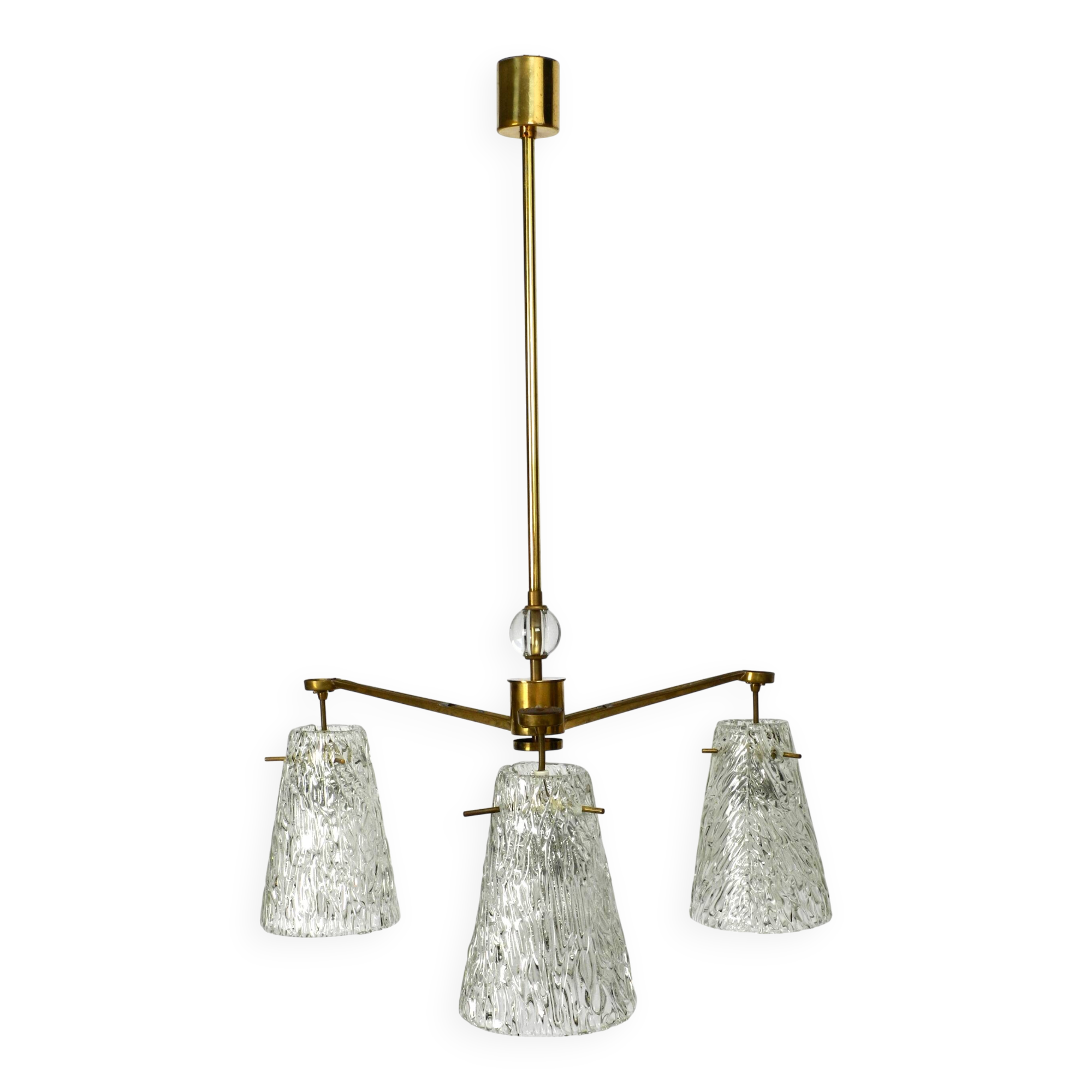 Heavy Mid Century ceiling lamp with three glass shades by Rupert Nikoll
