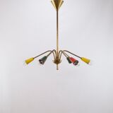 Multicolored vintage brass chandelier, 1950, 6 arms, 60cm in diameter