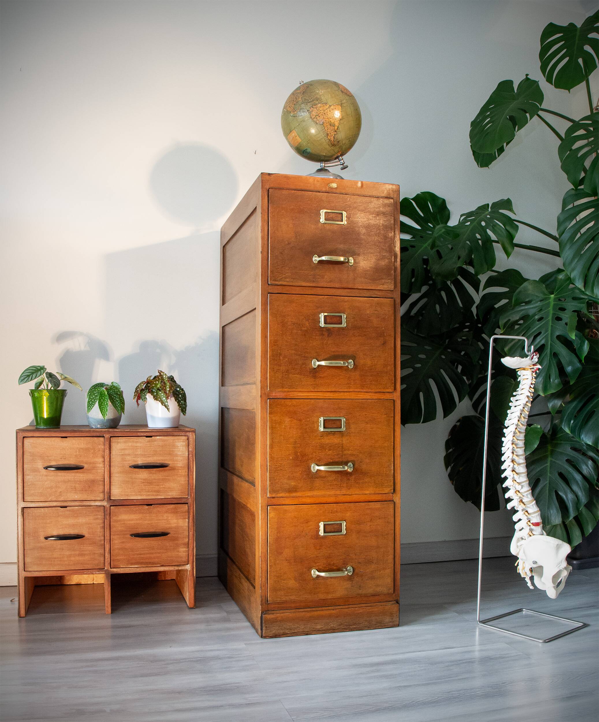 Old file cabinet, oak and brass, early 20th century