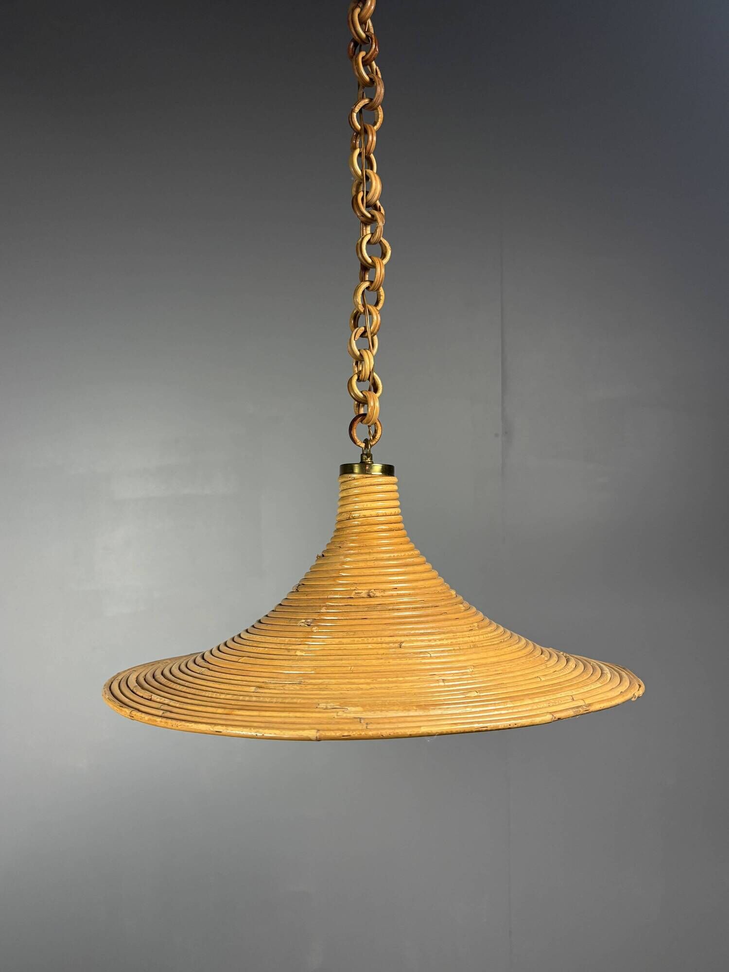 Mid-Century Italian witch hat pencil reed rattan bamboo and brass pendant