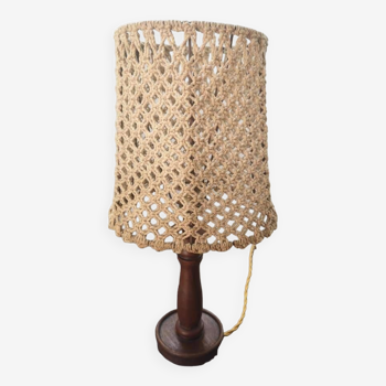 Lampe ancienne bois tourné abat-jour corde vintage 1950