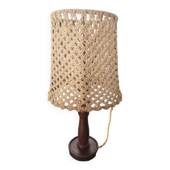 Old turned wood lamp with vintage rope lampshade 1950