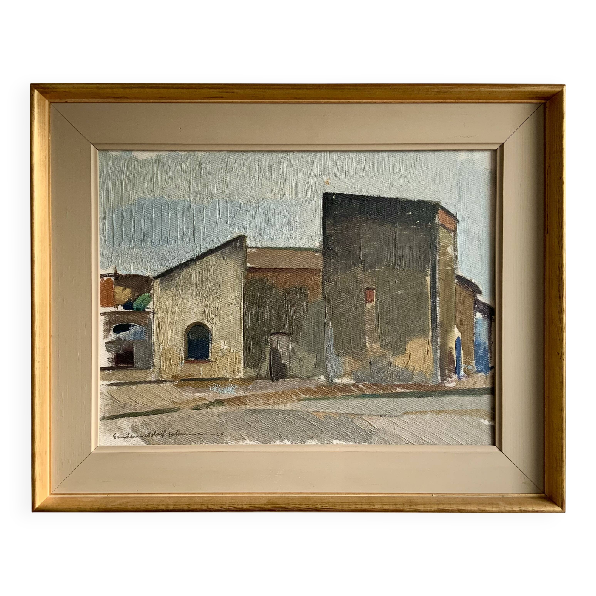 Huile sur toile vintage signée moderniste Gustav Adolf Johansson années 1960