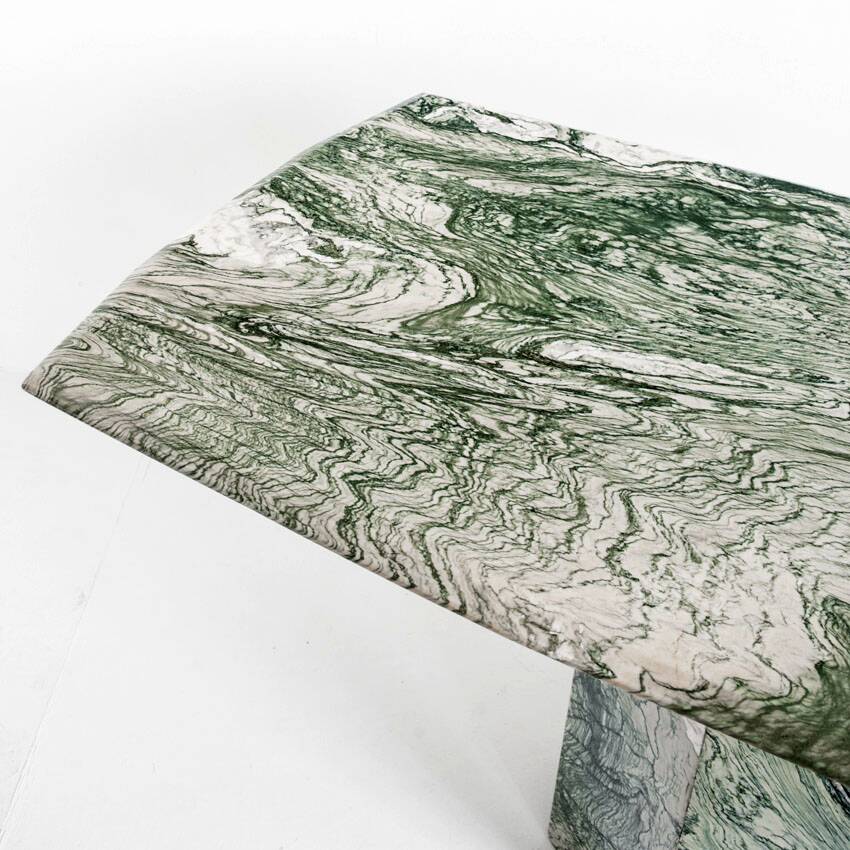 Vintage dining table in green and white veined marble. Completely restored. Italy, 90's