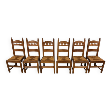 6 Rustic oak razor high back dining chairs 1960’s