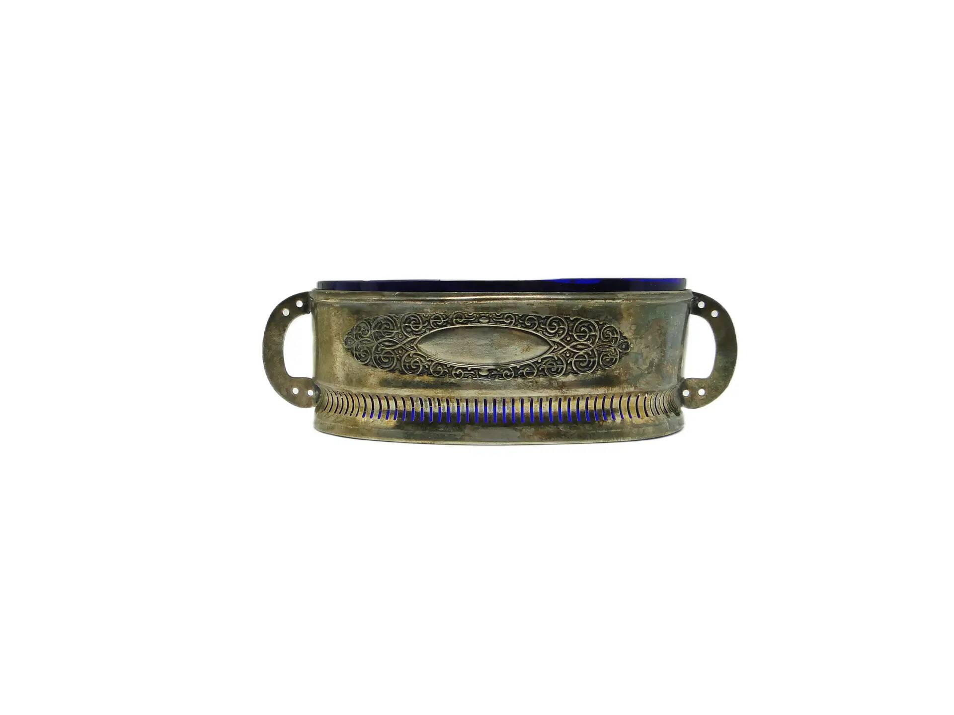 Art Nouveau jardiniere, silver-plated brass, cobalt glass, United Kingdom, 1960s.