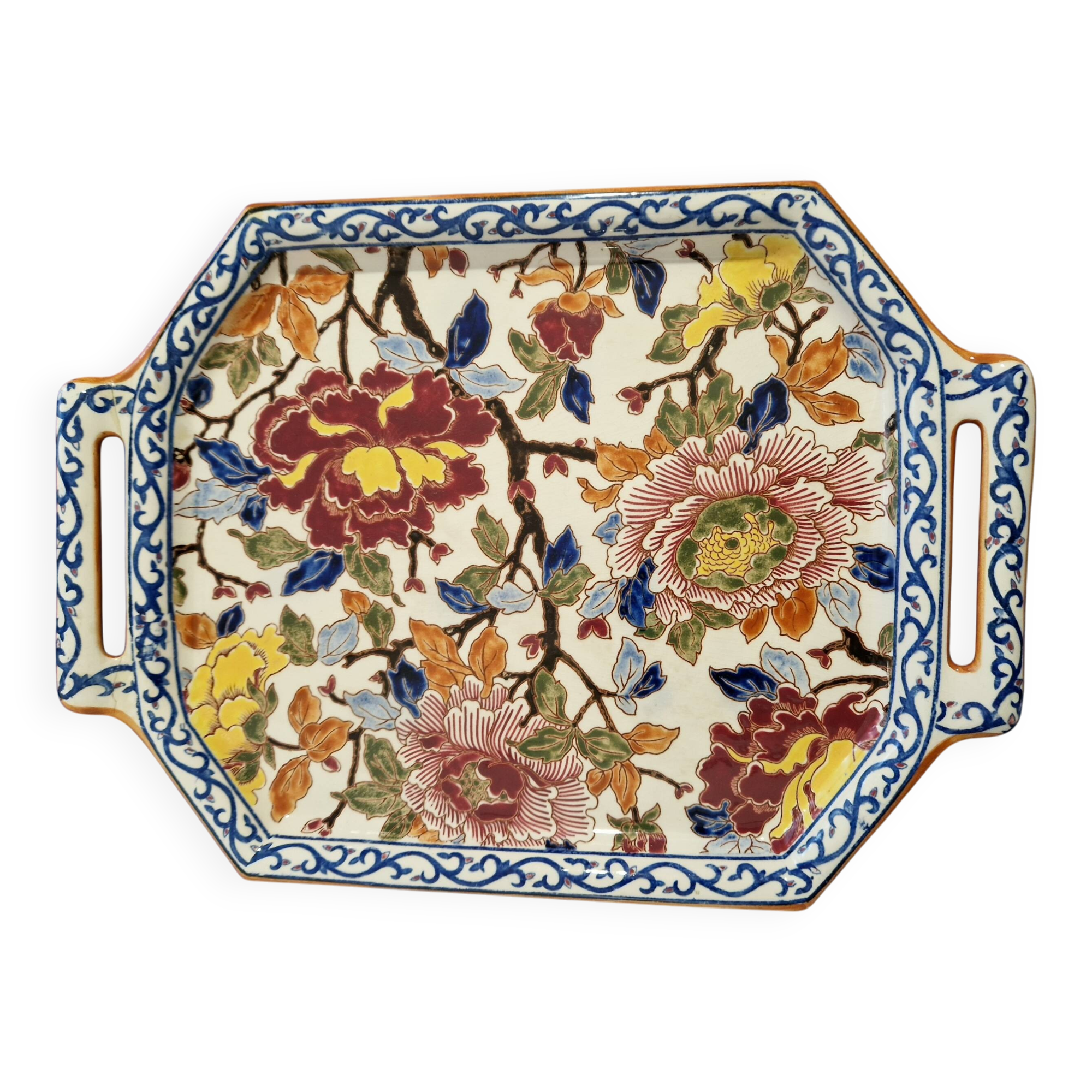 Plat de service ancien en faïence de Gien – décor floral japonisant