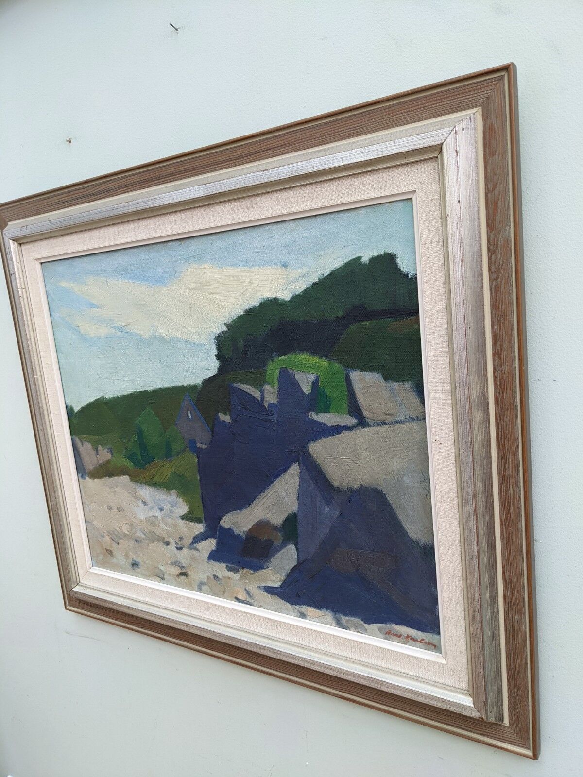 Mid-Century Modern "Outcrop" Swedish Landscape Oil Painting, Framed