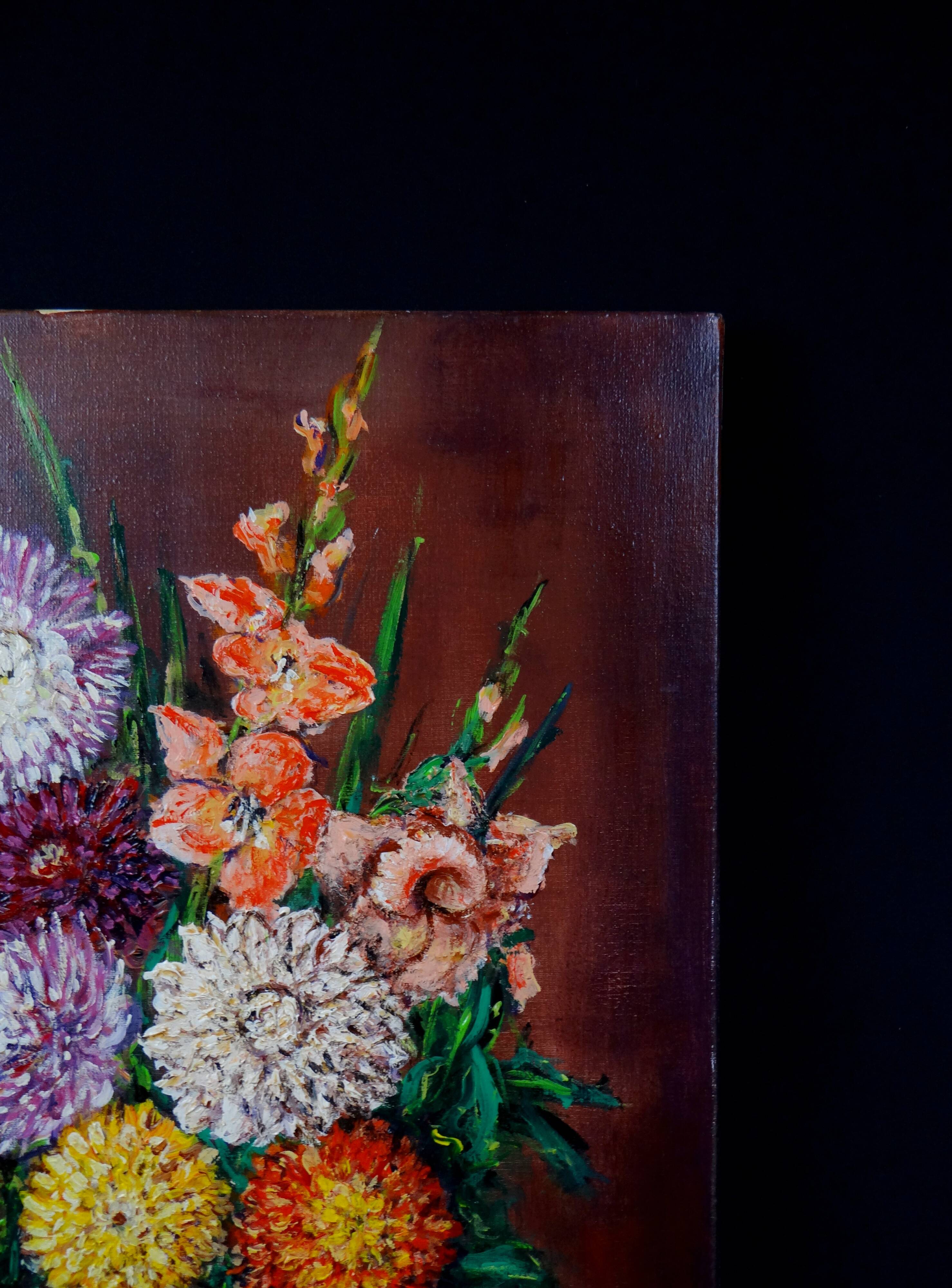 Still life 'Gladioli and Dahlias' Oil on canvas 36x33 signed J.D Vincent