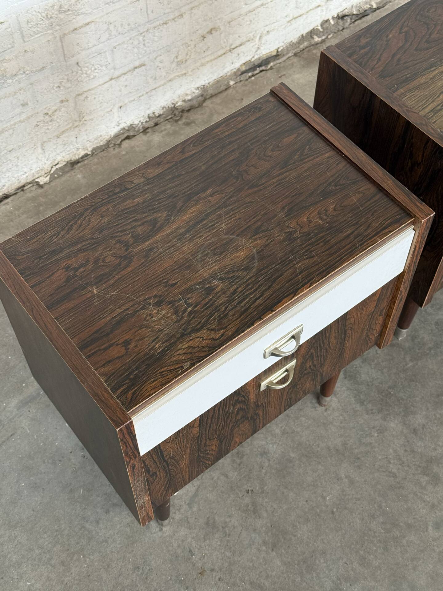 Pair of Vintage 1960s Nightstands — Rosewood & White Formica