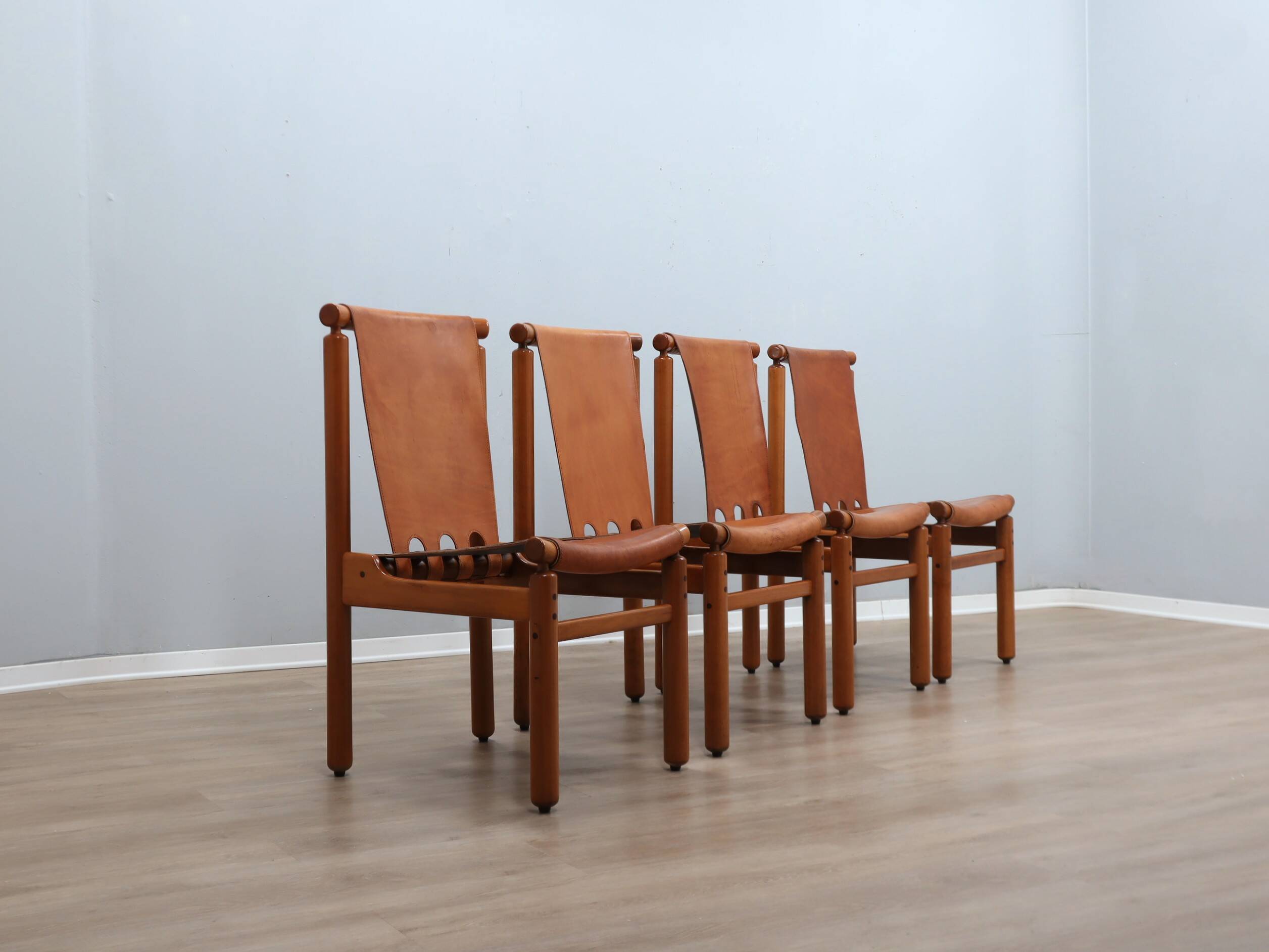 Set of 4 Ilmari Tapiovaara for La Permanente walnut & leather chairs 1960s