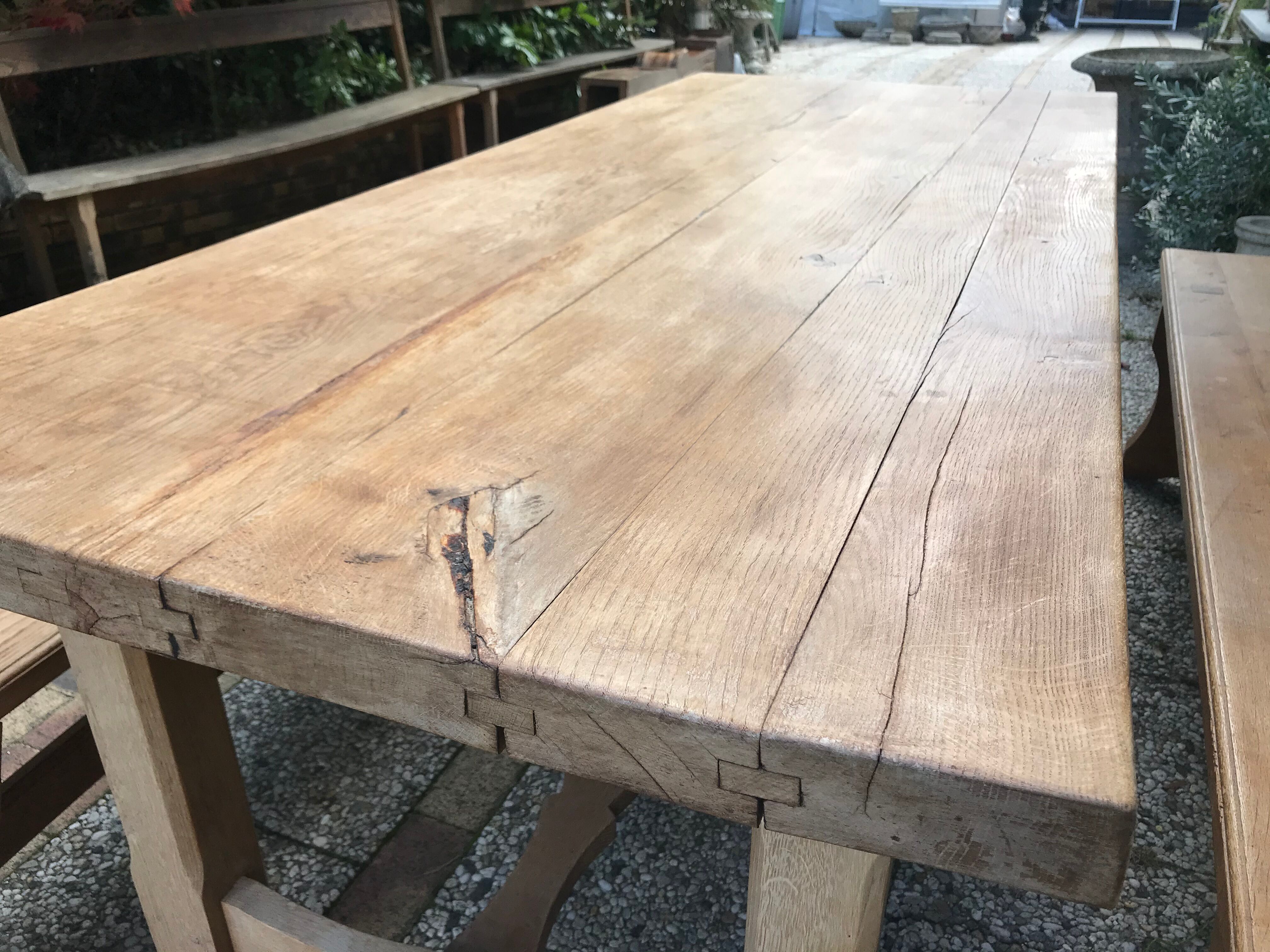 Farm table and two solid oak benches