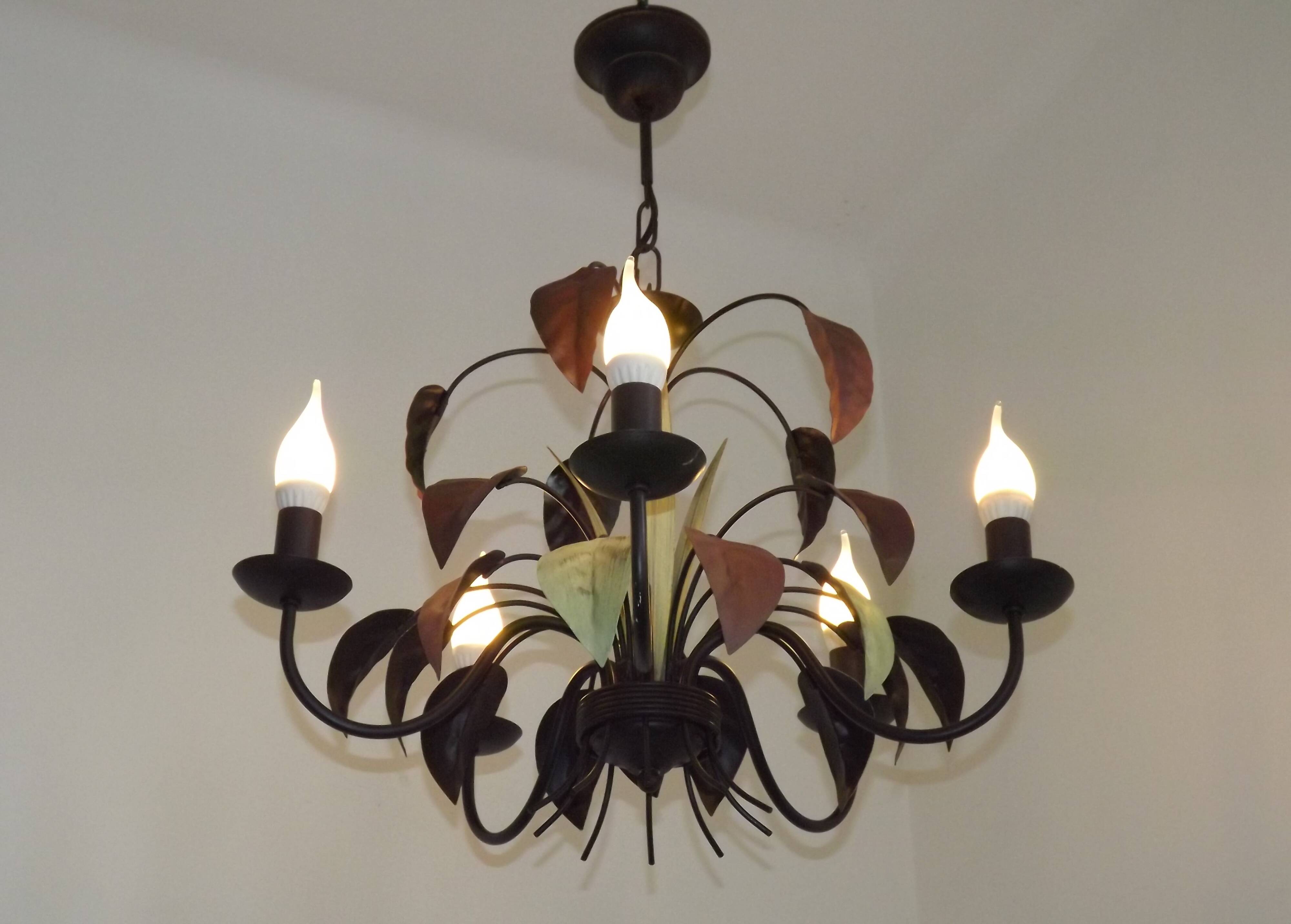 French Vintage 5 Light Brown & Green Tied Boquet Leaf Chandelier