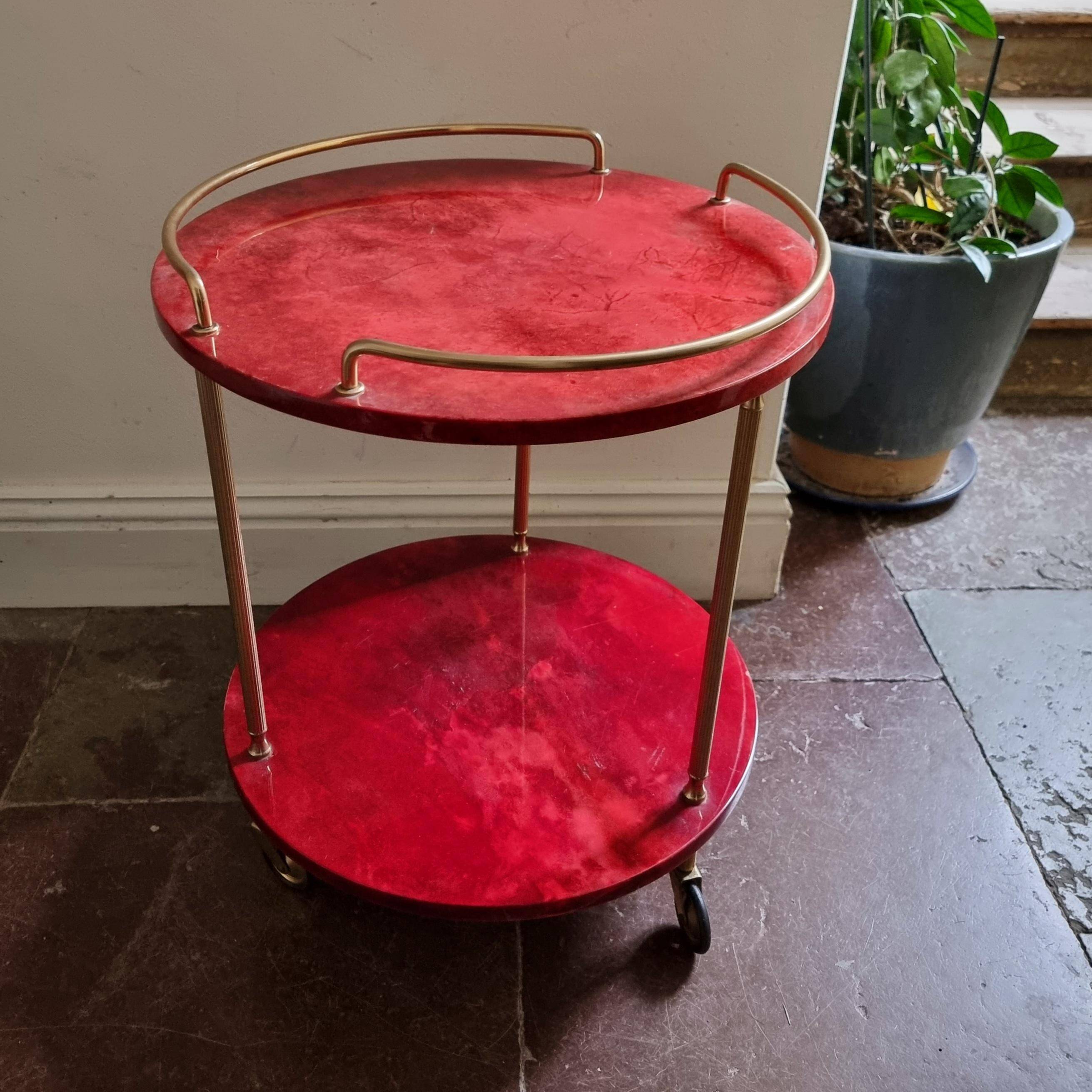 Aldo Tura bar cart, red goat leather, mid-century Italian / Hollywood Regency