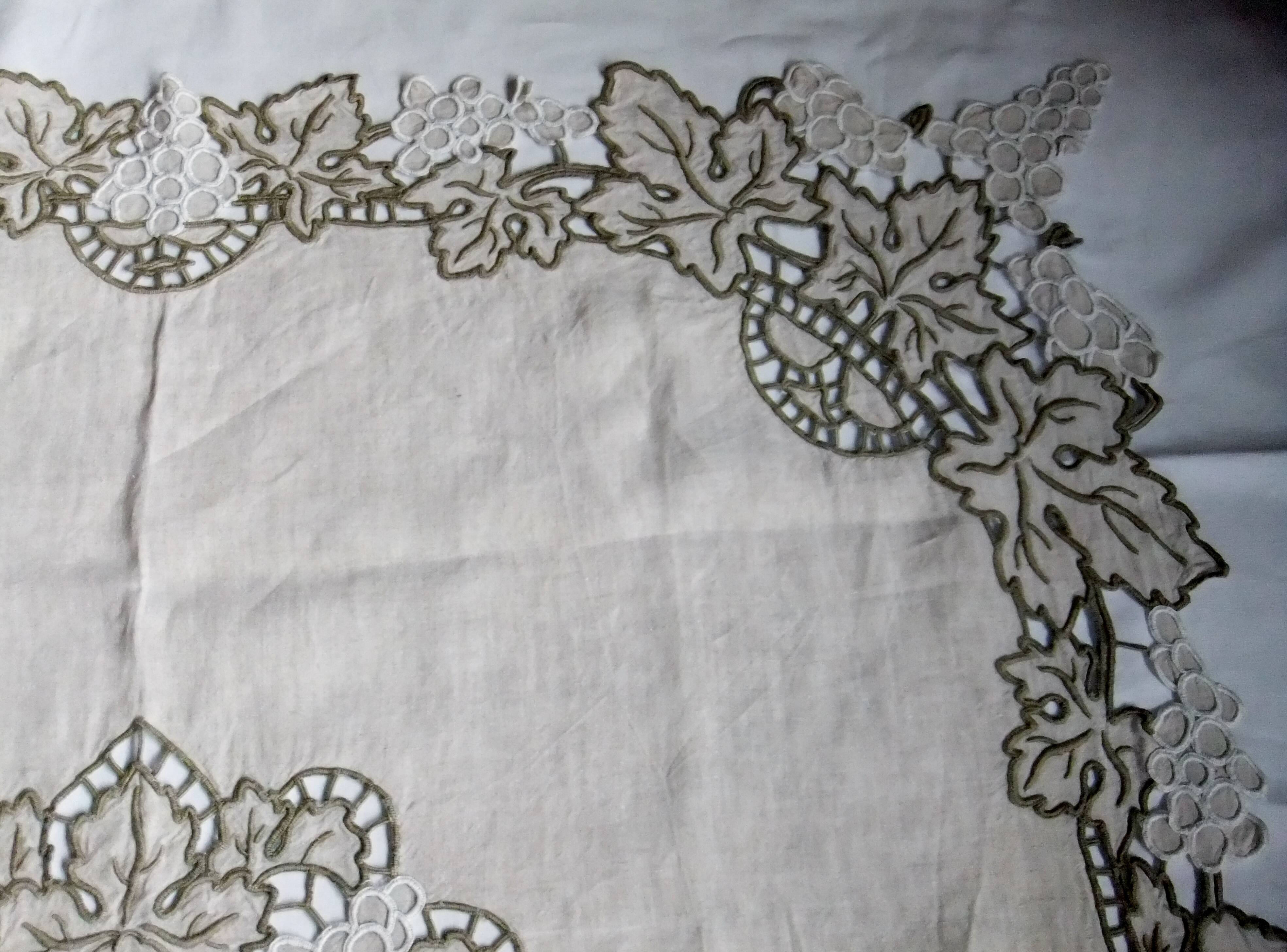 Antique linen tablecloth embroidery Richelieu scalloped linen centerpiece 128 cm
