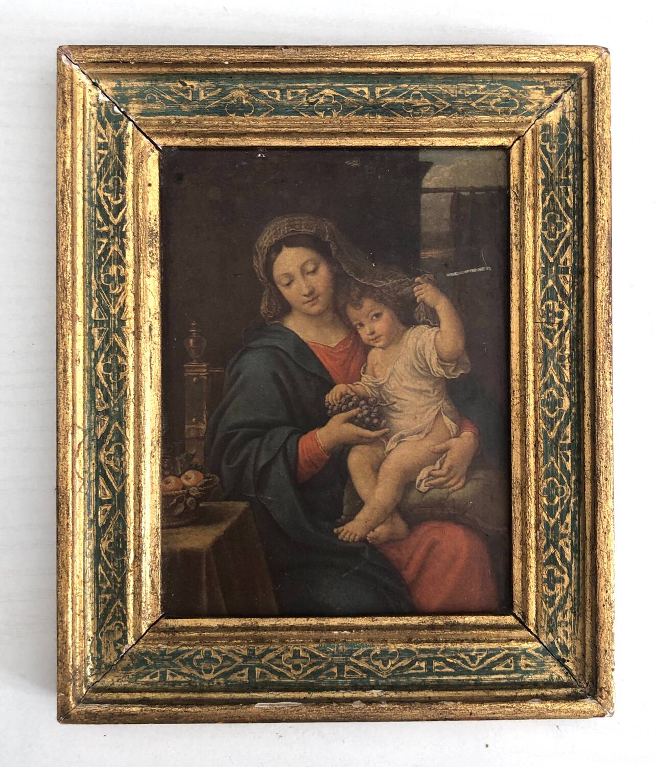 Icône Italienne Cadre Bois Doré Bleu
