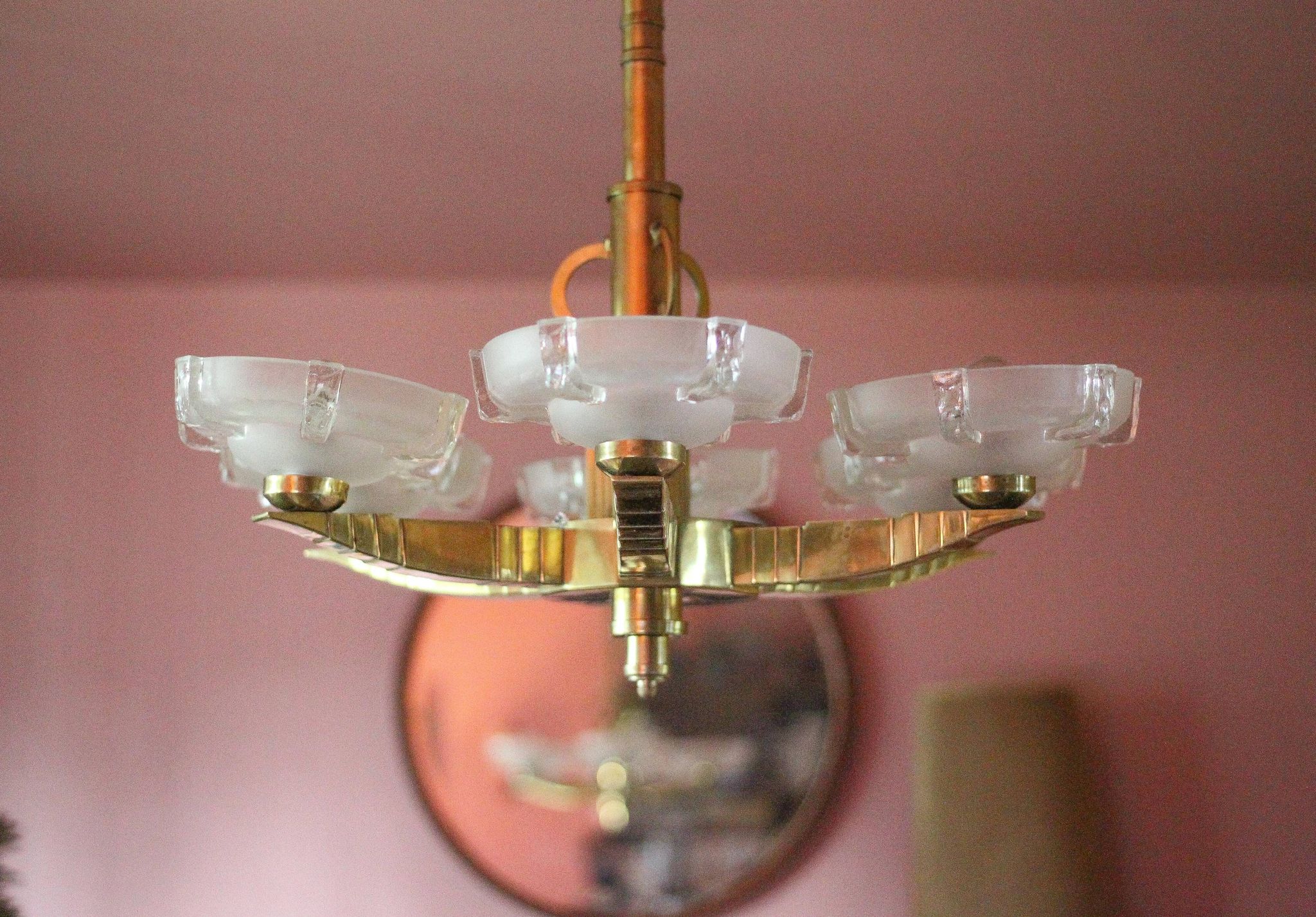 art deco suspension, 6-light Ezan glass globe chandelier, art deco bronze chandelier