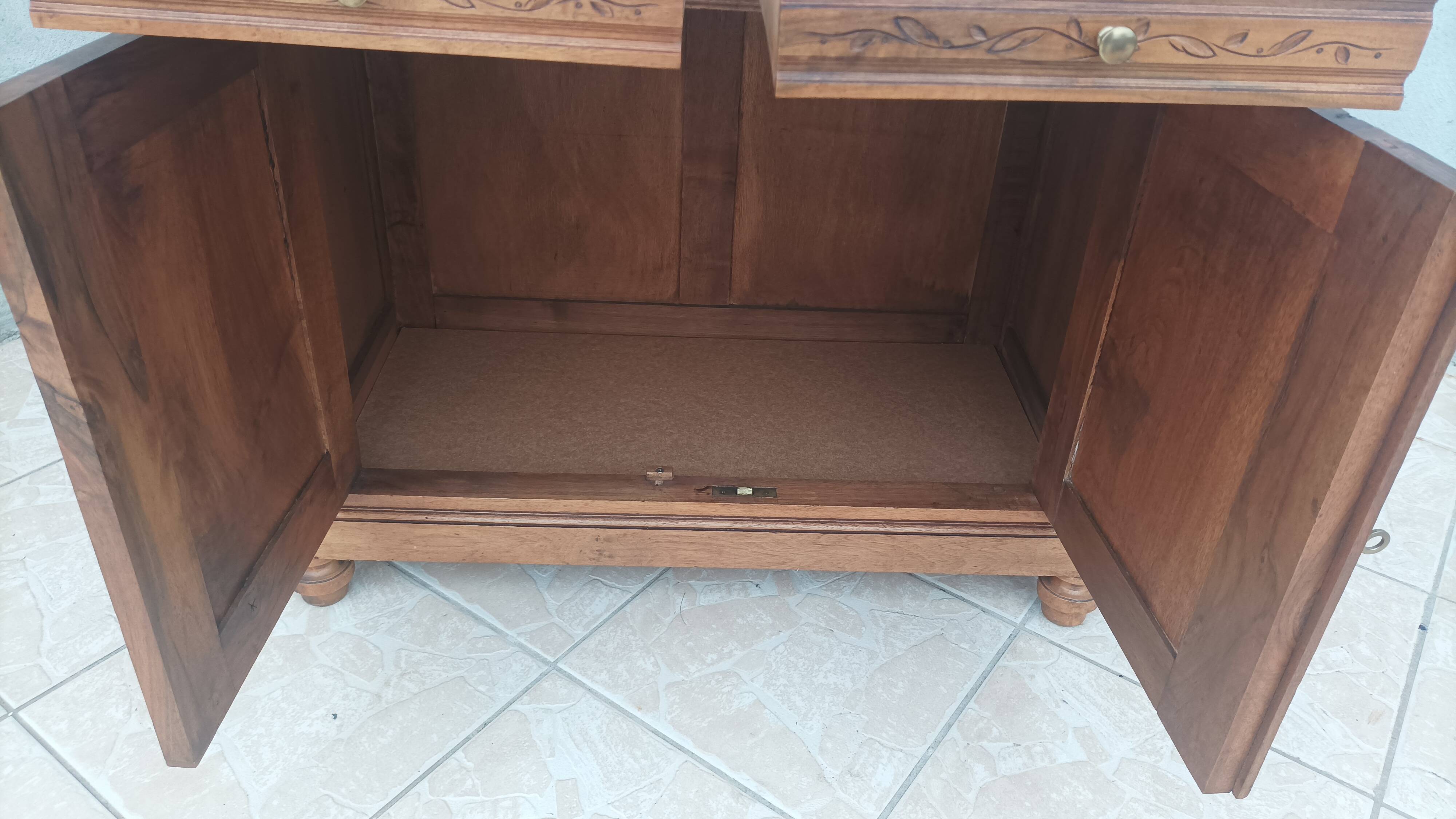 Antique walnut and white marble bathroom cabinet